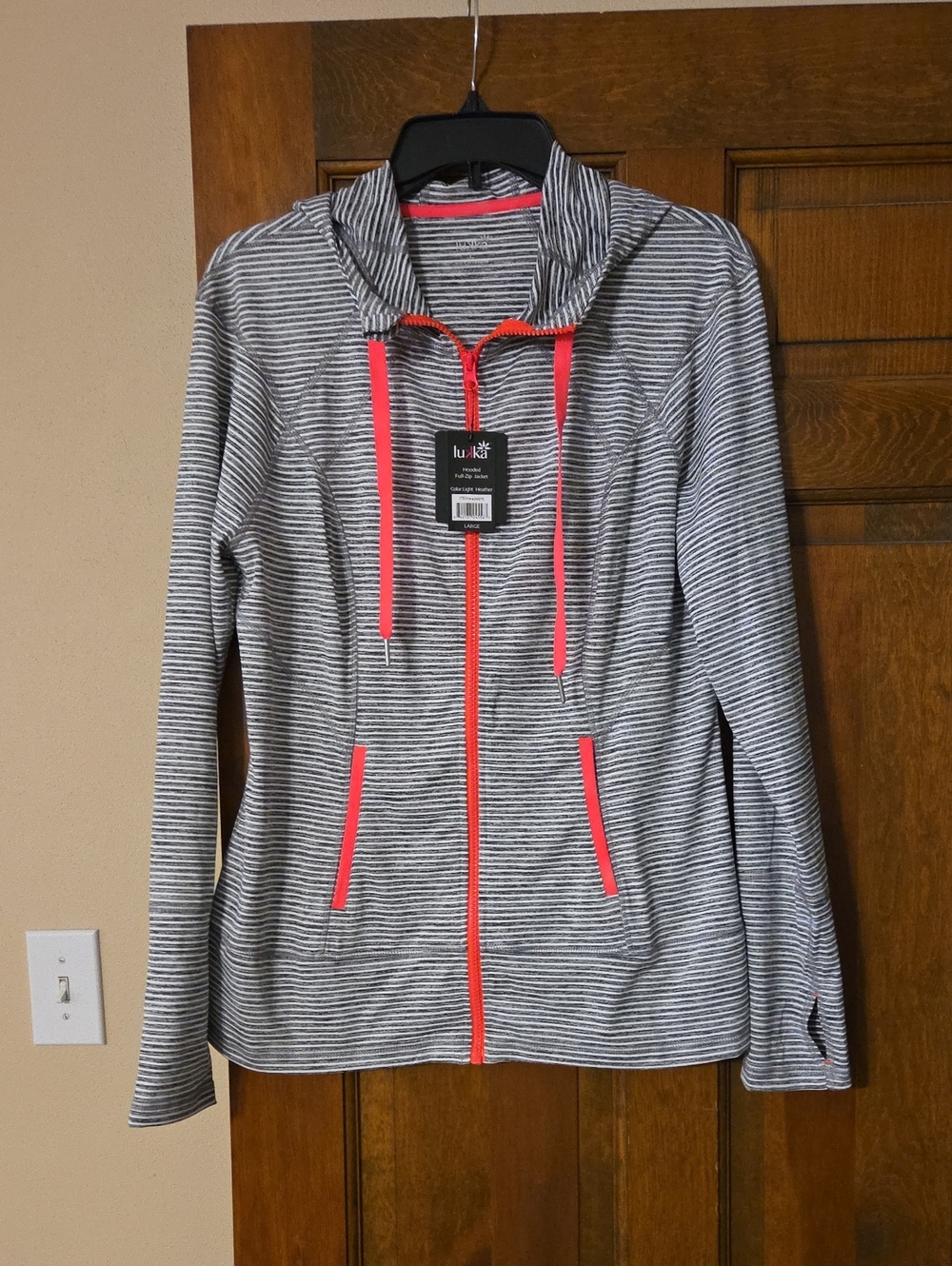 lukka Gray Striped Hooded Zip Jacket with Coral Accents